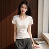 Be careful with the machine U-neck slim-fitting short-sleeved T-shirt for women's summer new waist pinch and thin white bottoming shirt top