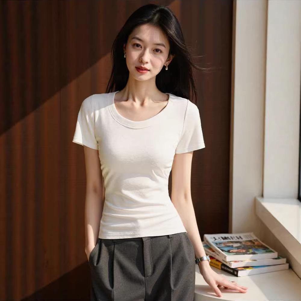 Be careful with the machine U-neck slim-fitting short-sleeved T-shirt for women's summer new waist pinch and thin white bottoming shirt top