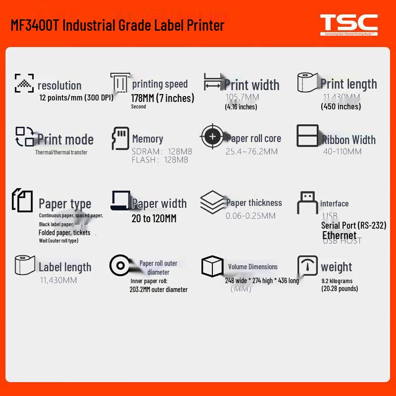 TSC MF3400T Industrial Barcode Label Printer CN Plug (adapter Included)