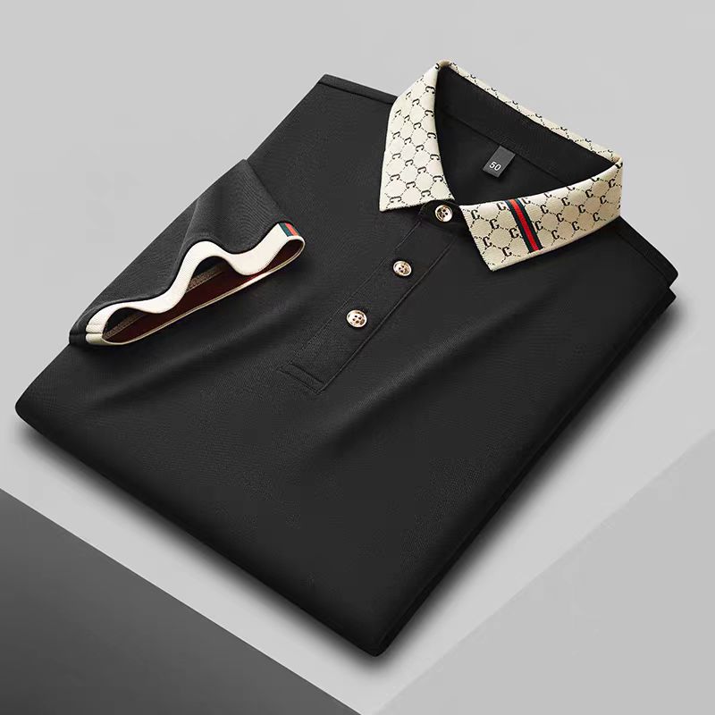Wovey Heren Poloshirt met Verfijnde Ambachtelijke Print Korte Mouwen Zomer Kraag T-shirt Business Casual Herenkleding M zwart