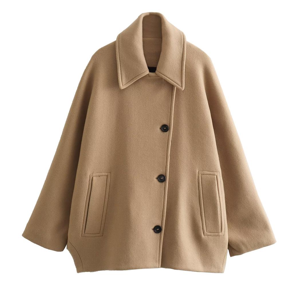 Women's Oblique Button Loose Batwing Sleeve Jacket Coat Lapel Double Pocket Warm Solid Vintage Outerwear Fall Winter Coat