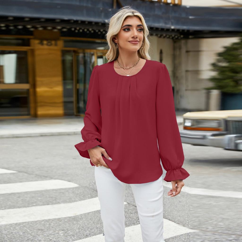 Fall Winter Solid Color Crew Neck Loose Long Sleeve Chiffon Top Base Shirt for Leisure Europe US Leisure Women