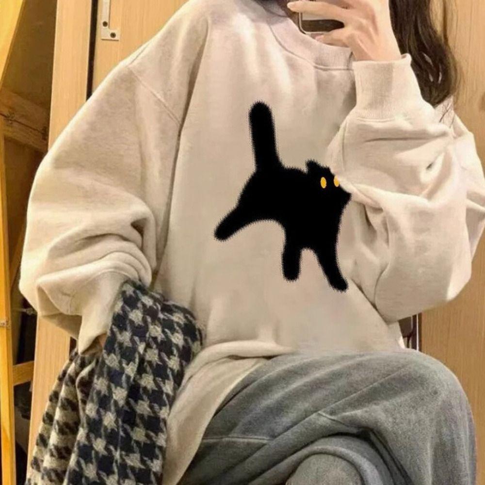 Ins Crop Tops Women Cartoon Round Neck Sweatshirt Sweet Long Sleeve Pullover  Autumn