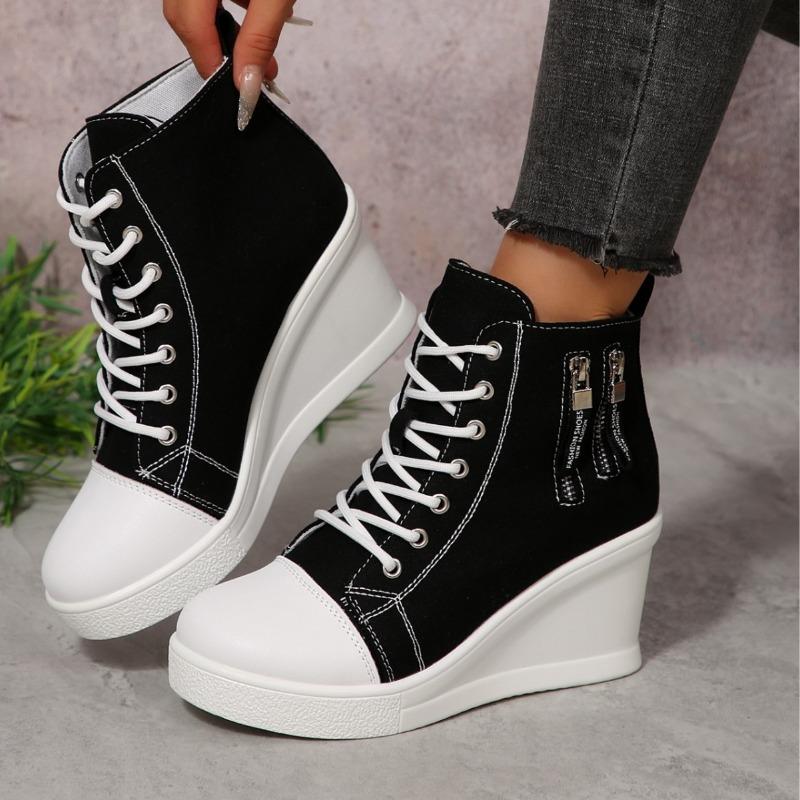 2025 Canvas Shoes for Women Height Increase Season's Thick Soled Casual Ankle Boots Versatile Women Heeled Sneakers Ladies Shoes