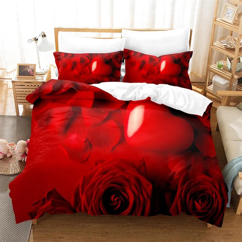 Red Rose Duvet Cover Set Full Size Floral Quilt Cover with Pillow Case 180x210 260x220 Queen Twin for Single Couple Bed Soft