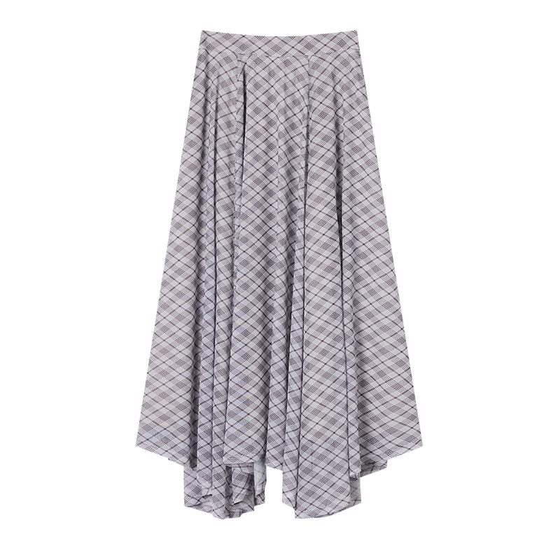 Xiangying Irregular Plaid High-Waist A-Line Skirt