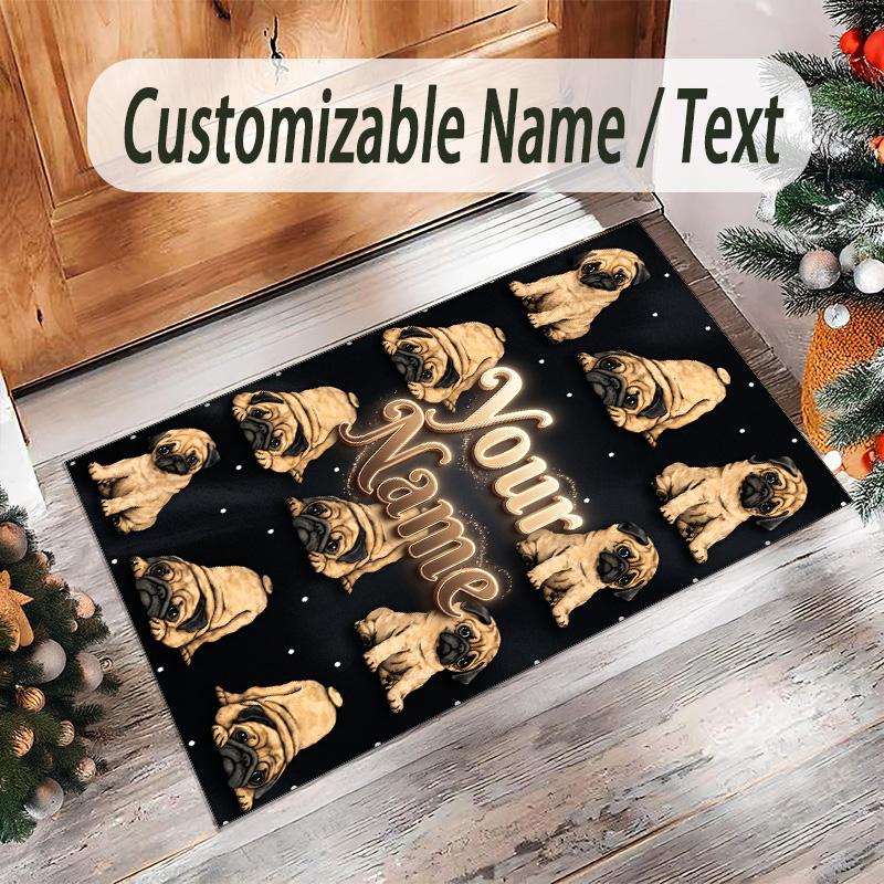 Pug Theme Crystal Velvet Floor Rug Personalized Custom Name Text Warm Carpet Home Decoration