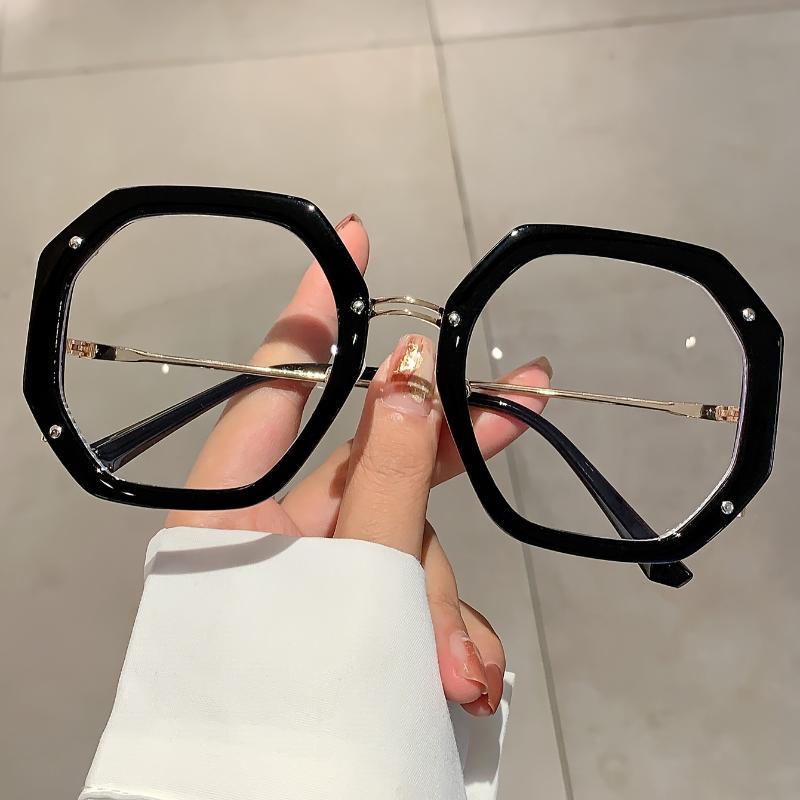 Man Women's Fashionable Plain Glasses Polygonal Frame Versatile Side Hollow Design Casual Comfortable Protective