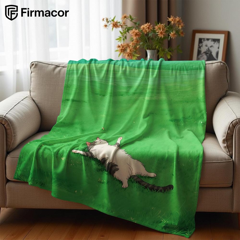 Grass Cat Snooze Cartoon Anime Print Flannel Blanket Soft Warm Throw for Kids Bedroom Sofa Bed Christmas Office Car