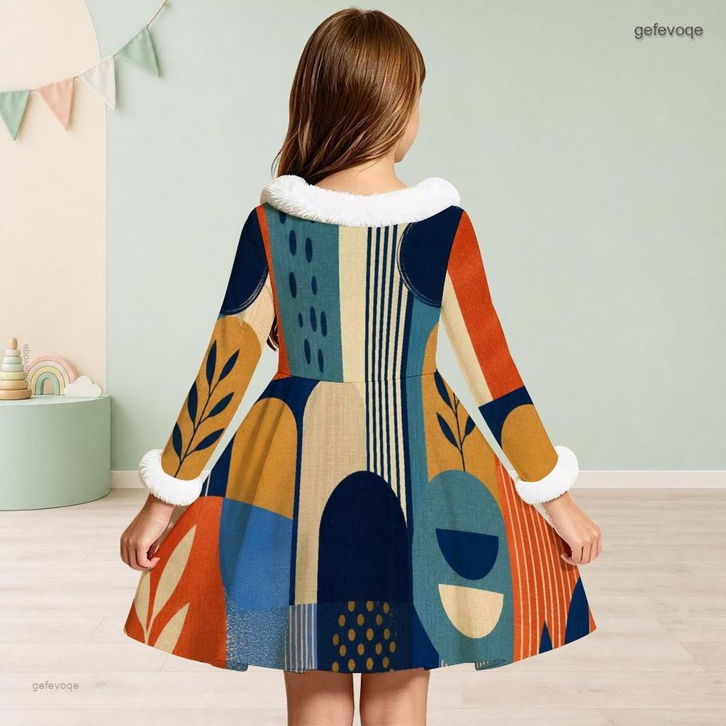 Girls Furry Collar Long Sleeve Patchwork Plaid Printed A Line Flared Dress