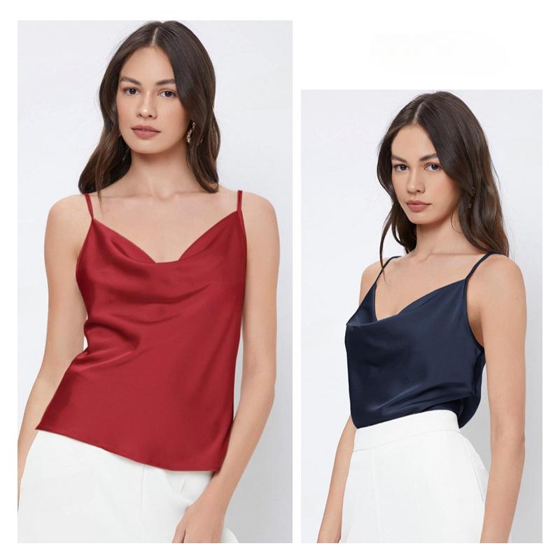 Summer Sleeveless Satin Base Casual Tank Tops Women Pile Collar Sexy Loose Tanks Women's Camis Elegant Slim Fit Simple Female Straps Tank Vest 26559