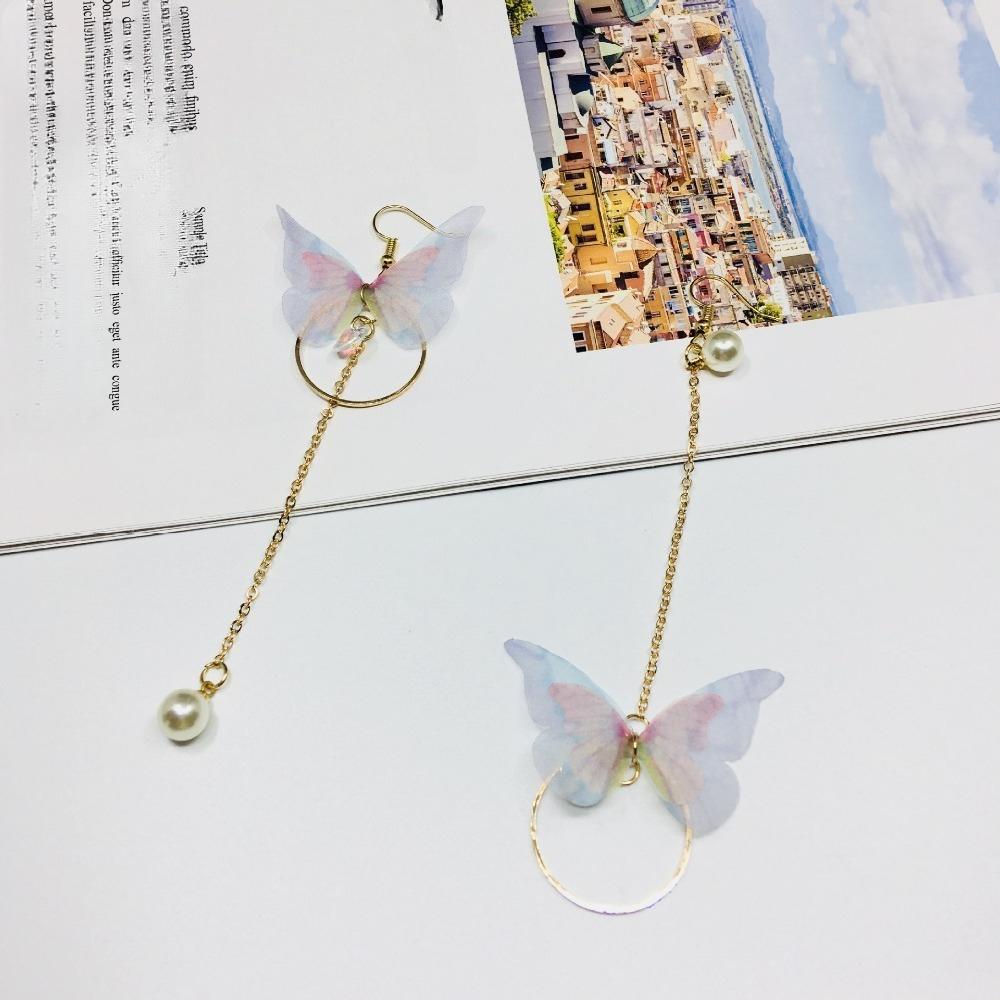 Romance Temperament Asymmetric Butterfly Circle Long Tassels Pearl Pendant Dangle Earrings for Women Korea Retro Jewelry Gifts