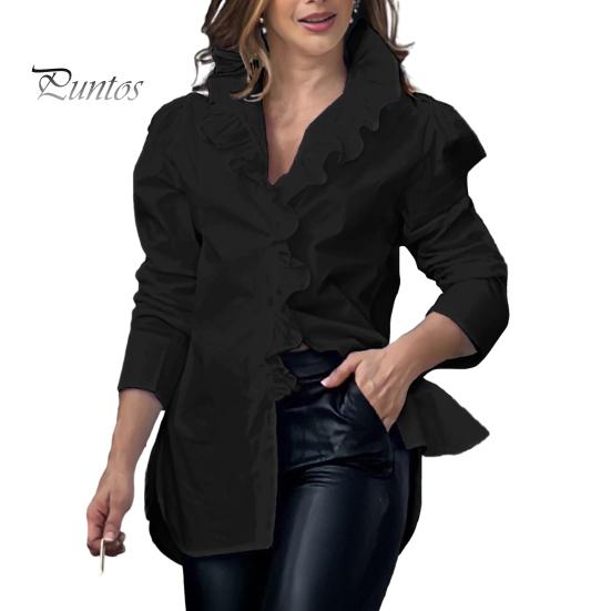 

Женская элегантная блузка с v-образным вырезом и длинным рукавом, рубашка с рюшами, однотонный пуловер с буквенным принтом и разрезом по бокам, весенне-осенний пуловер, топы 2XL чёрный