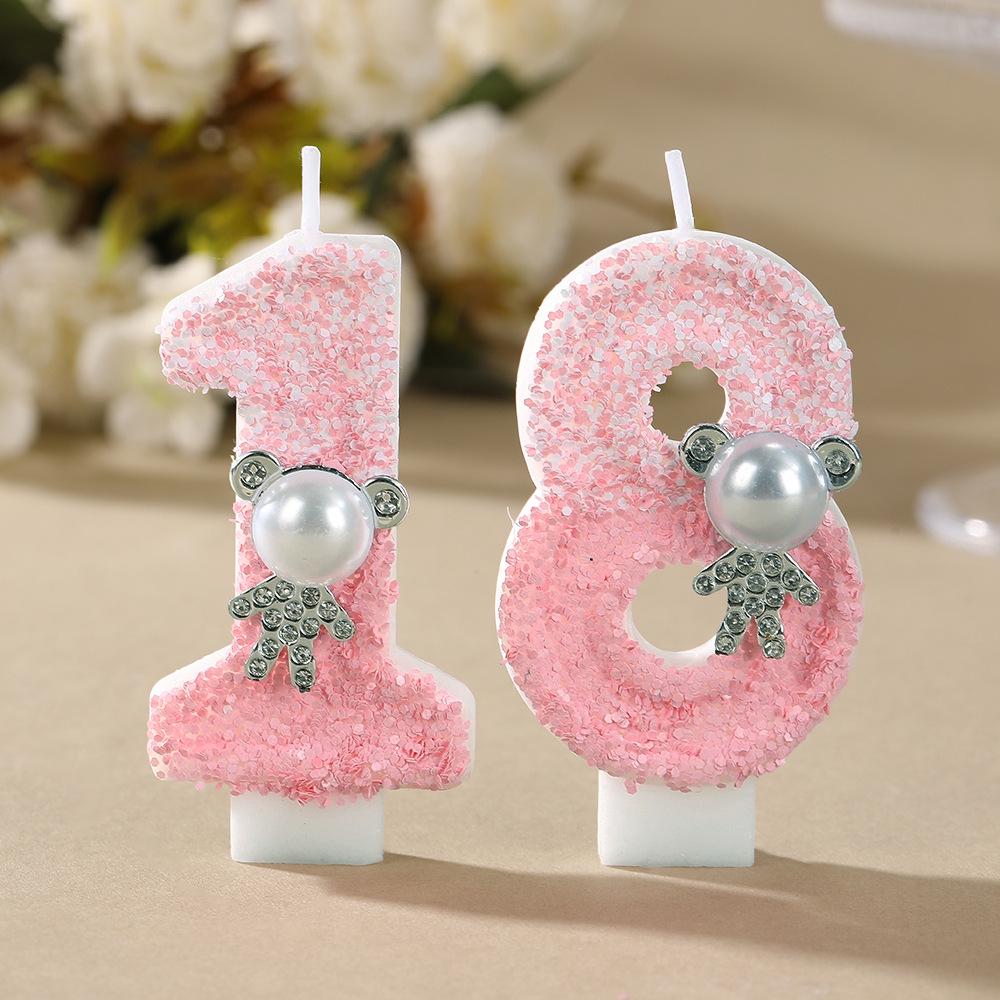 Pearl Teddy Bear Number Candles for Birthday Party Decoration - Handmade DIY Creative Candles.