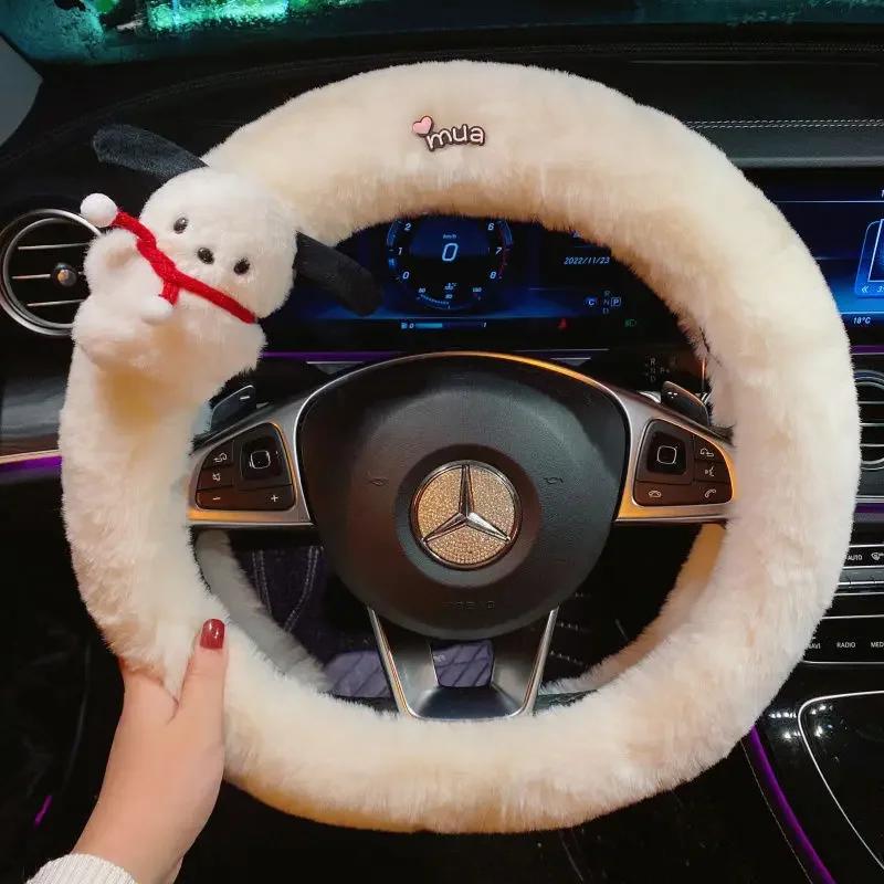 Winter Cute Pochacco Car Steering Wheel Cover Warm Plush Cartoon Anti Slip Handle Cover for Men and Women Cute Car Accessories