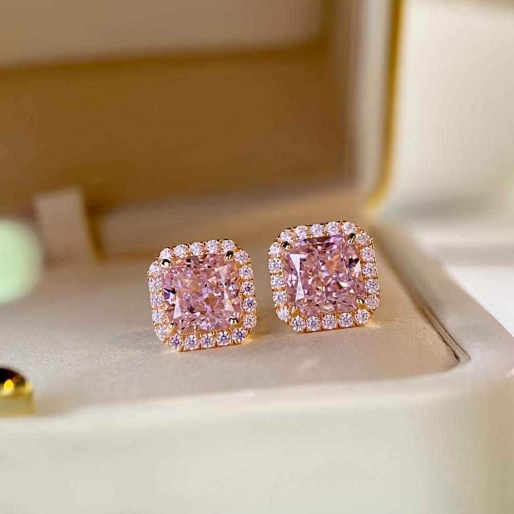 Pink Synthetic Gemstone Stud Earrings - Hypoallergenic, perfect for weddings, daily wear, and April birthdays.