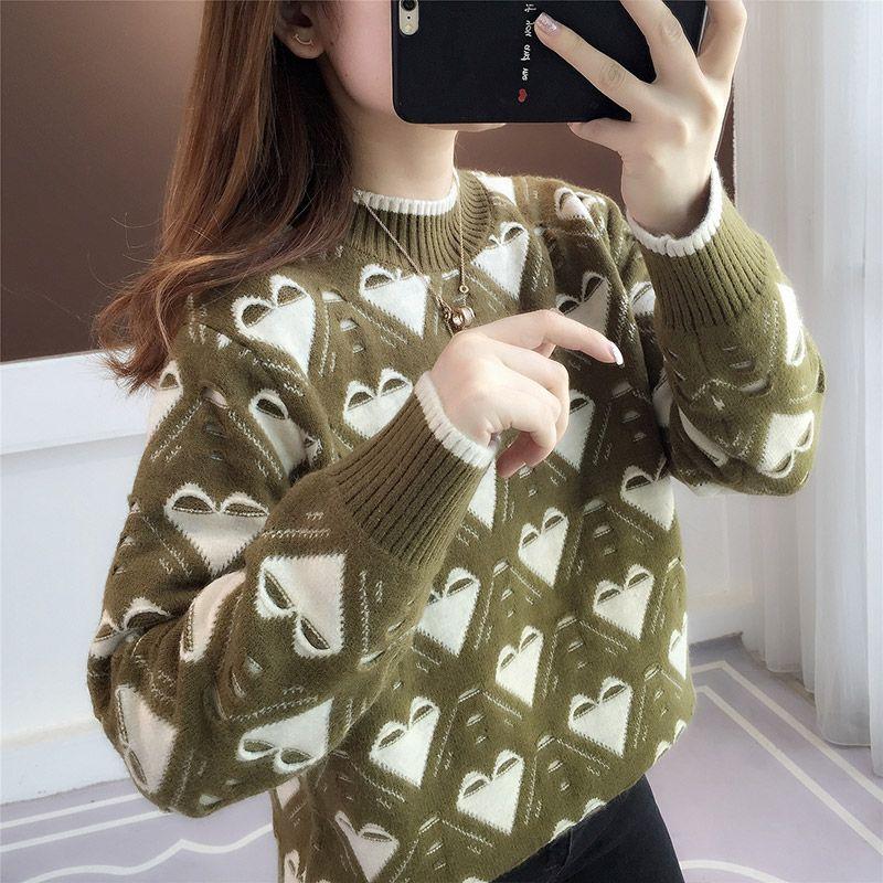 Half High Neck Sweater Loose and Slim Contrast Jacquard Knit Autumn and Winter New Bottoming Shirt Top Women All-match