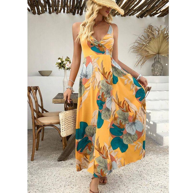 Fashion Large Flower Pattern Sexy Sexy Deep V Neck Fitted Waist Backless Split Sleeveless Sling Dress Long Dress Dress Dress