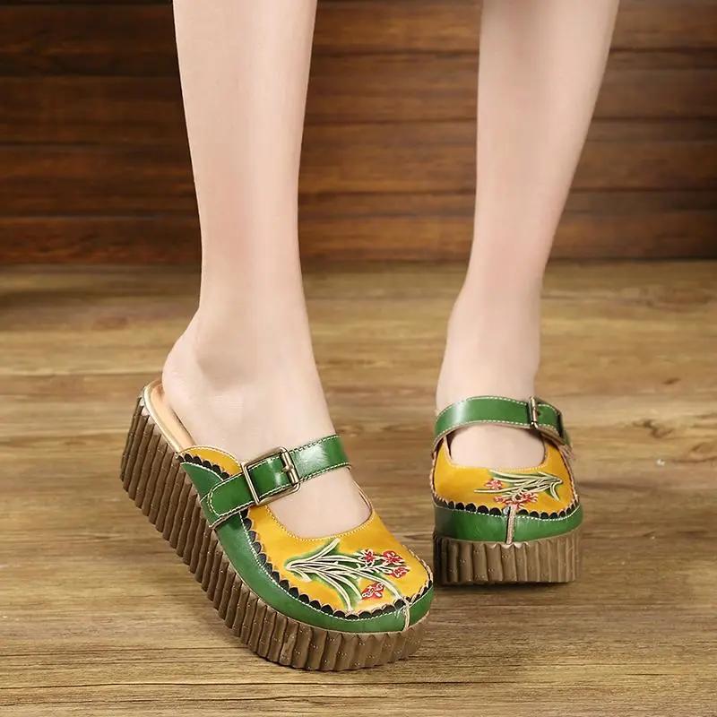 Fashion GKTINOO 2025 Summer Shoes Women Wedge Slides Cover Toes Handmade Flower Thick Heels Genuine Leather Lady Platform Slippers