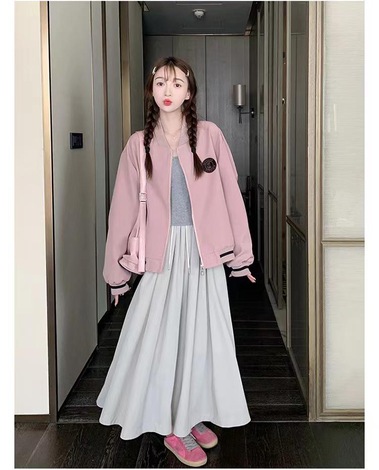 Women's Pink College Style Baseball Jacket - Chic Petite Spring/Autumn Trend