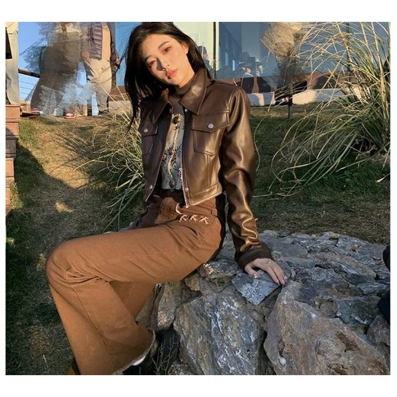 Spring New Korean Style Loose Brown Retro Street Leather Women's Workwear Motorcycle Pu Jacket