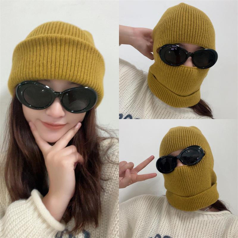 One hat and two wears~ Winter face kini windproof and warm cycling knitted hat balaclava cap pullover wool hat