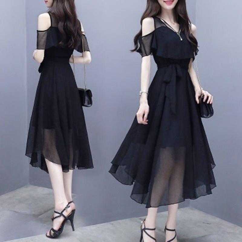 

Women s Summer Chiffon Dress Korean Office Slim Midi Dress Lady Graceful Casual Black Off-Shoulder Dresses Clothing Female XXXL