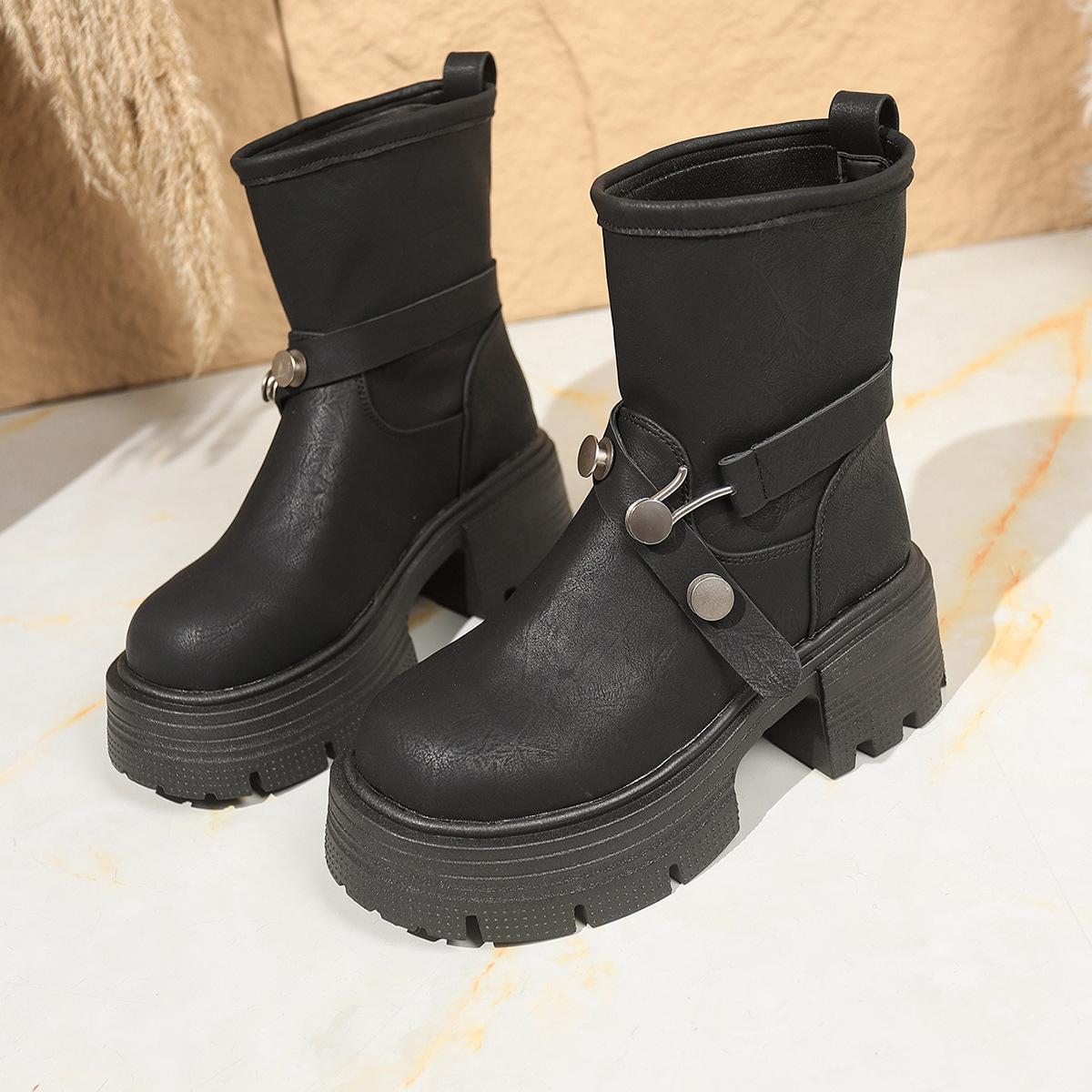 

2025 autumn and winter retro thick-soled thick-heeled versatile belt buckle Martin boots women s short boots flanged casual tooling locomotive tide 35 чёрный