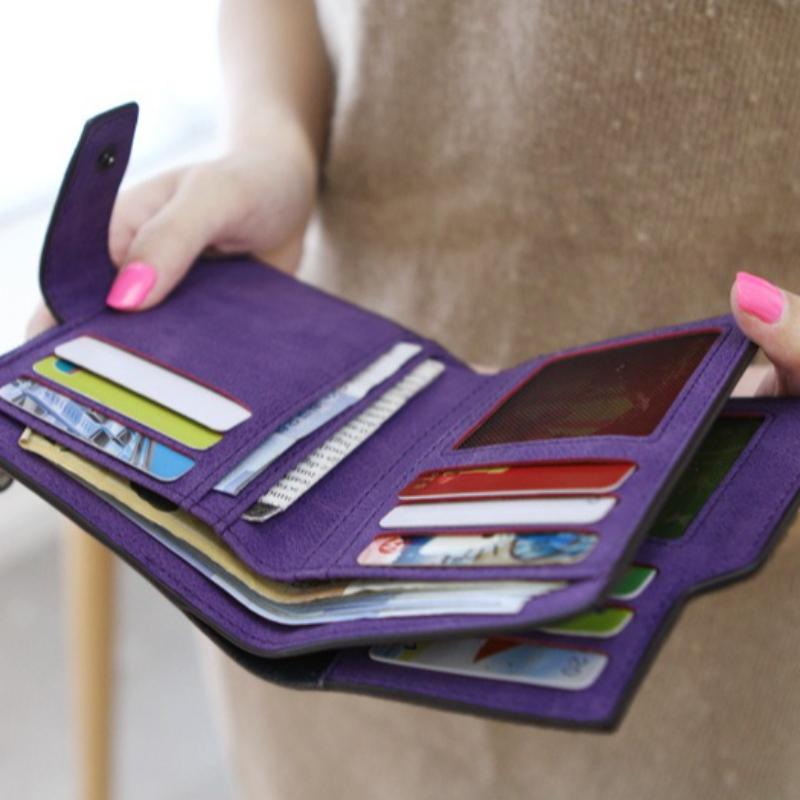 Dámská krátká peněženka z nubukové kůže, třídílná, s klipem na bankovky, mincovkou, více přihrádkami na karty, držákem na kreditní karty, skládací, na zip, jednobarevná, taška na peníze