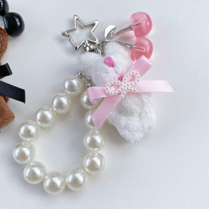 Adorable Rabbit Cherry Charm Keychain With Imitation Pearls Detachable Phone Strap Bag Accessories For Girls