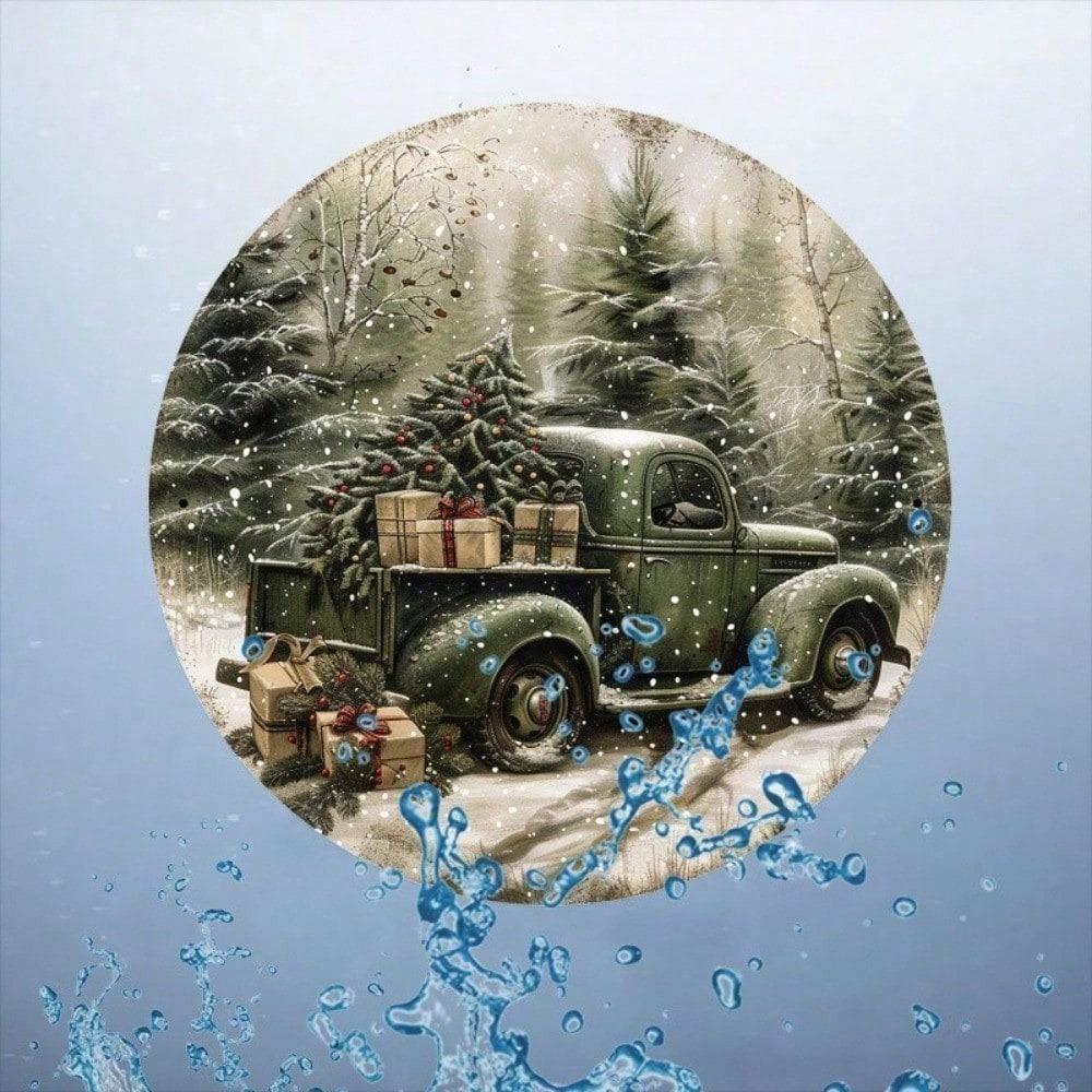Vintage Metal Tin Sign Green Truck Christmas 8x8 Inch Rustic Wall Decor Farmhouse Retro Art Holiday Gift
