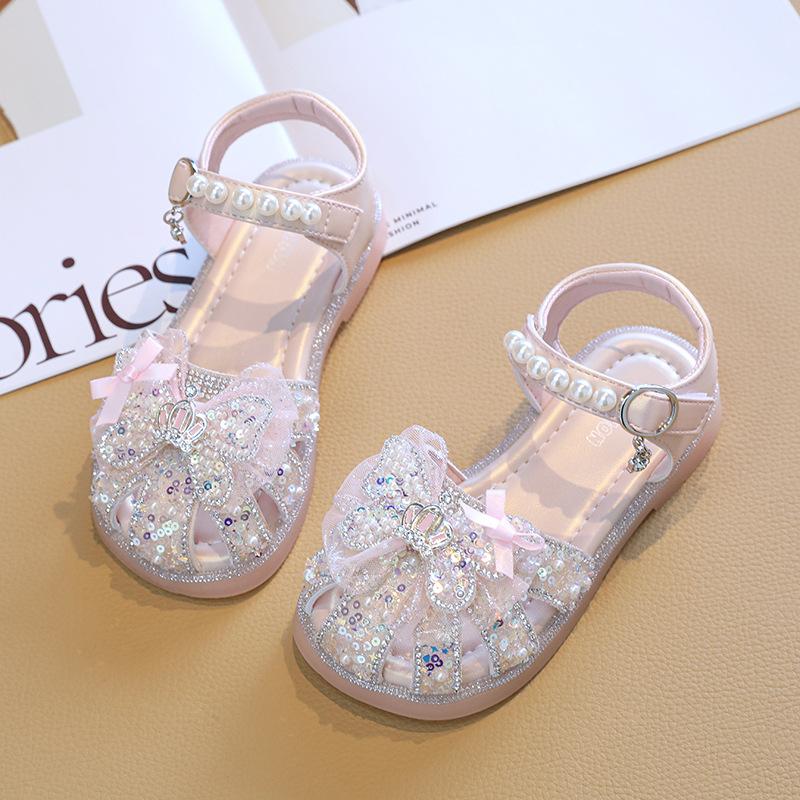 Girls Shoes Children's Bag Head Sandals 2025 New Summer Princess Baby Girl Summer Crystal Soft-soled Sandals