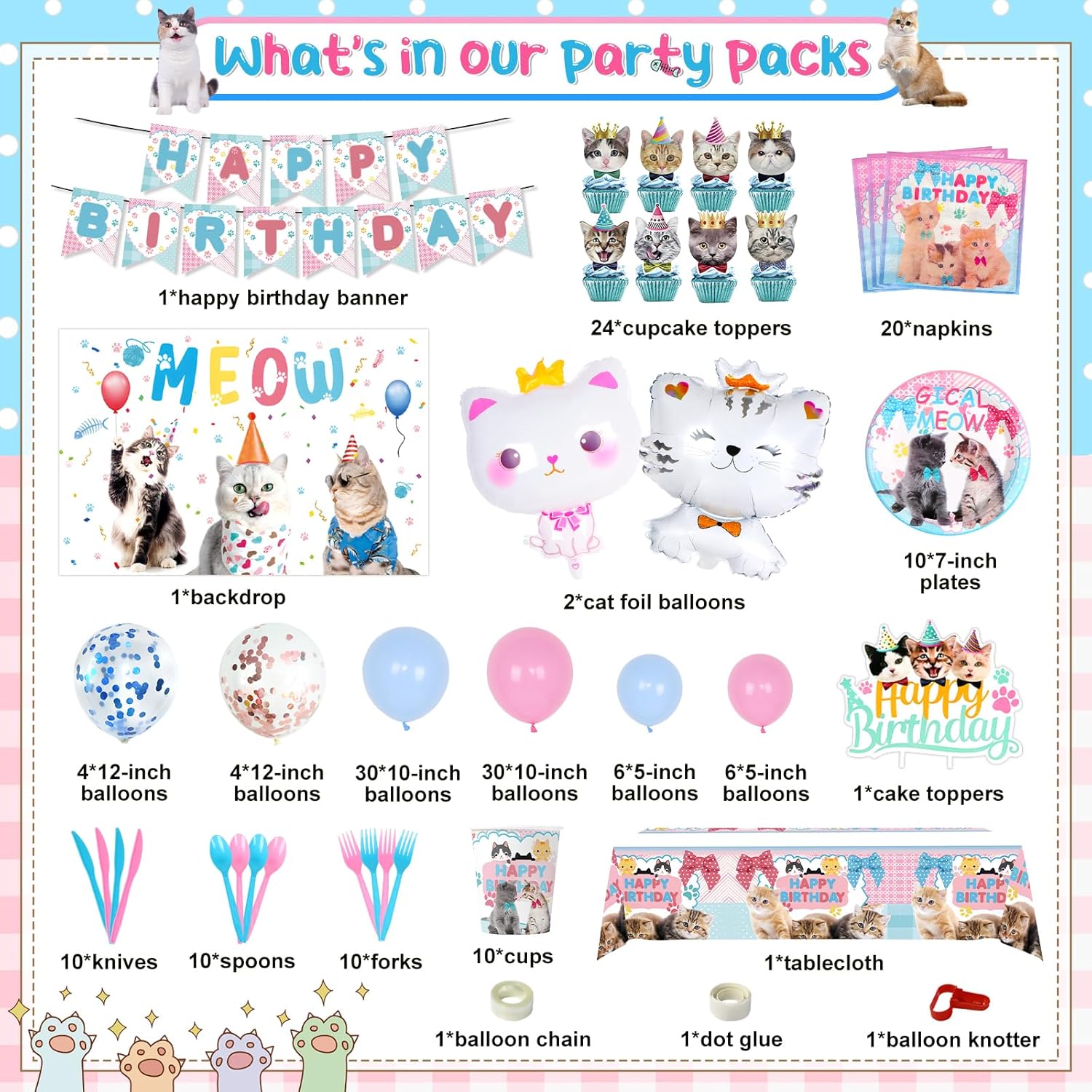 183 PCS Cat Birthday Party Decorations, Cat Themed Party Decorations Includes Balloons, Backdrop, Happy Birthday Banner, Tablecloth, Plates, Cups,