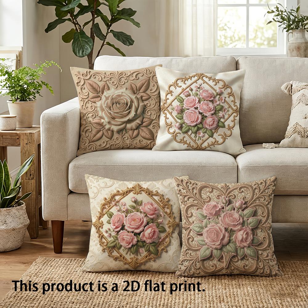 1/4pcs Floral-Patterned Decorative Cushion Covers Sofa Bed Cushion Cover Home Bedroom Decoration, 2D Flat Printing