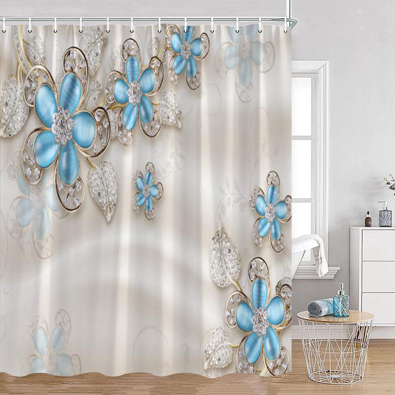 Luxury Gold White Floral Shower Curtain Rose Butterfly Cherry Blossom Modern Art Flower Polyester Fabric Bathroom Curtains Dec