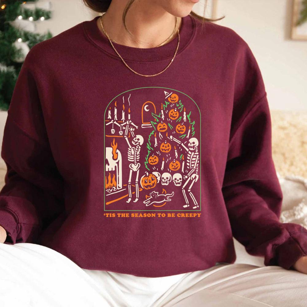 Tis The Season To Be Creepy Halloween Sweatshirt Funny Halloween Sweatshirts Women Graphic Hoodies Long Sleeve Casual Pullovers