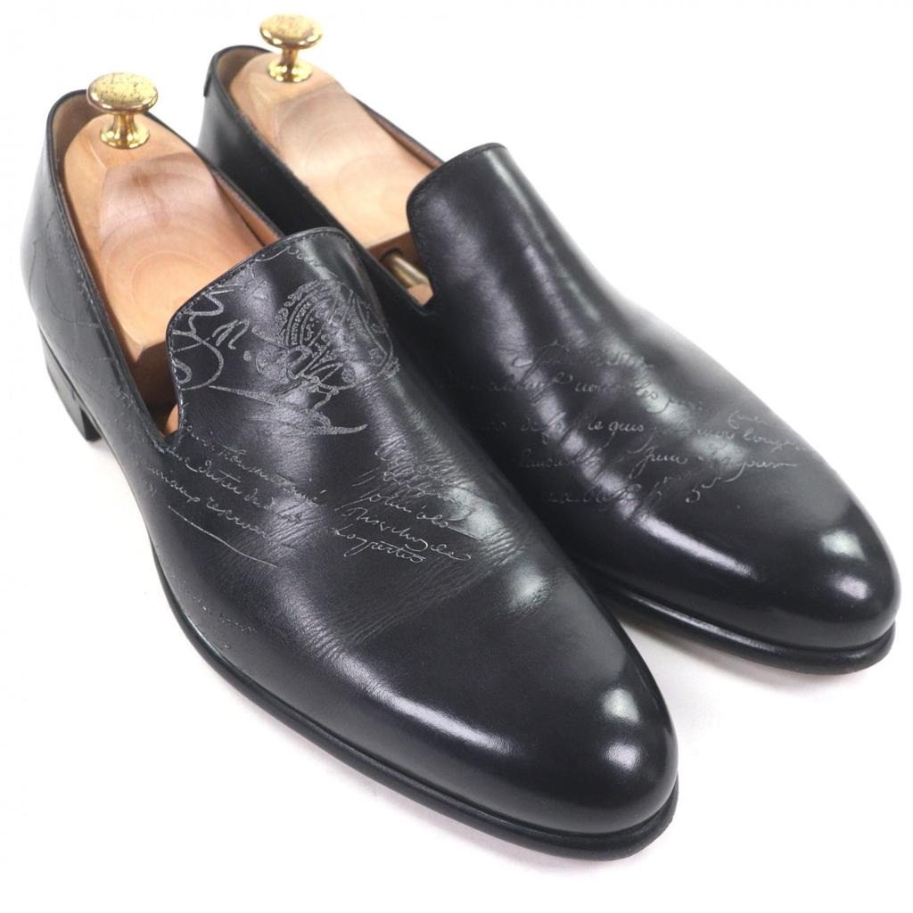 Great BERLUTI Loafers Gale Cursive Slippers Black Venice Calfskin Leather 9.5 Used