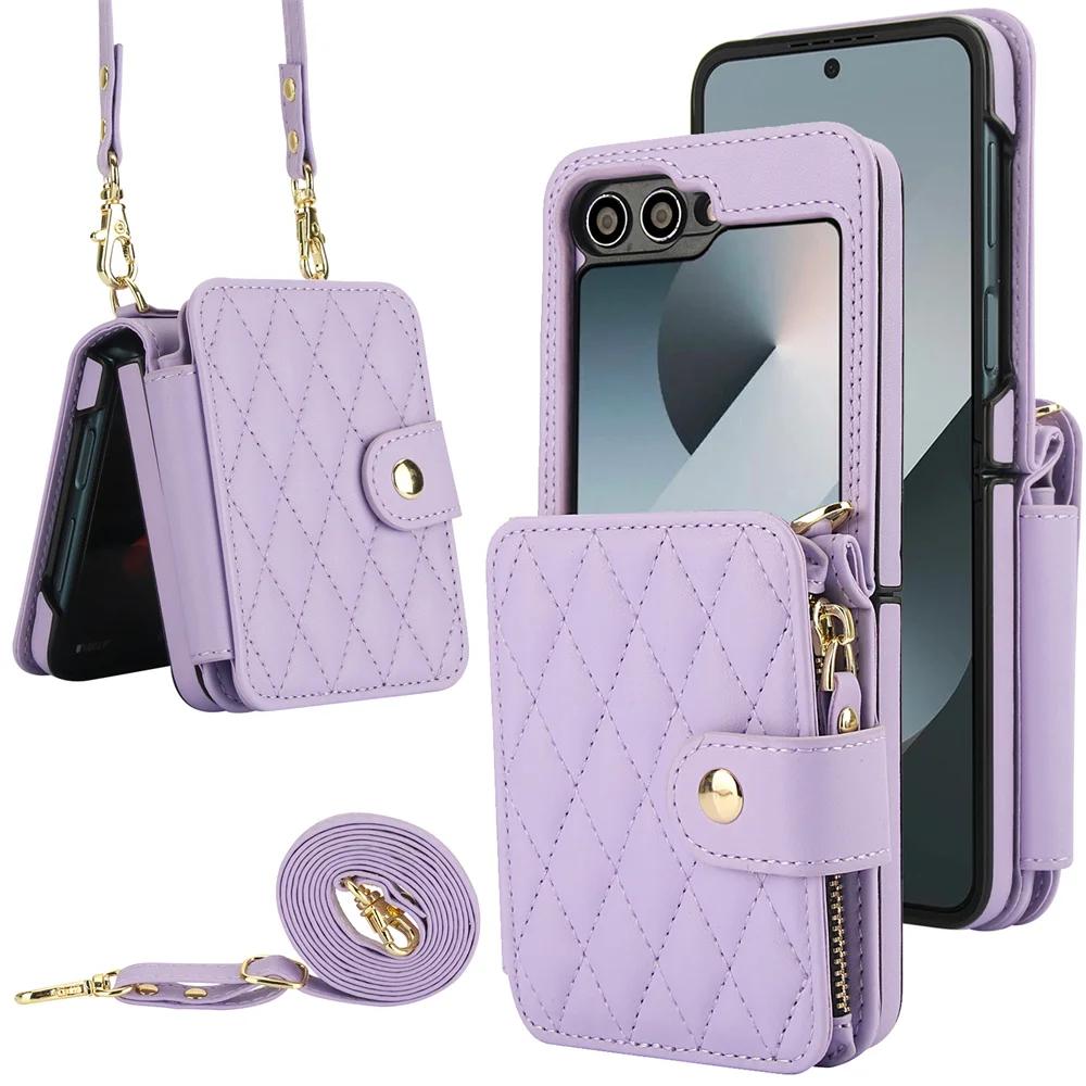 Crossbody Wrist Strap Wallet with Card Holder Phone Case for Samsung Galaxy Z Flip 6 5 4 3 Flip6 Flip5 Flip4 Flip3 Leather Cover
