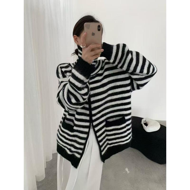 

Ленивый ветер полосатый на молнии лацкан вязаный кардиган женская одежда осень и зима новый свободный универсальный свитер куртка женская average code