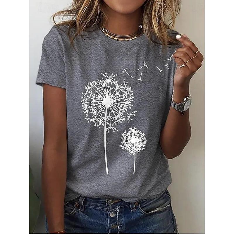 Women's Casual T-Shirt Dandelion Print Crew Neck White Short Sleeve Summer Wear Comfort Fit Daily Essential