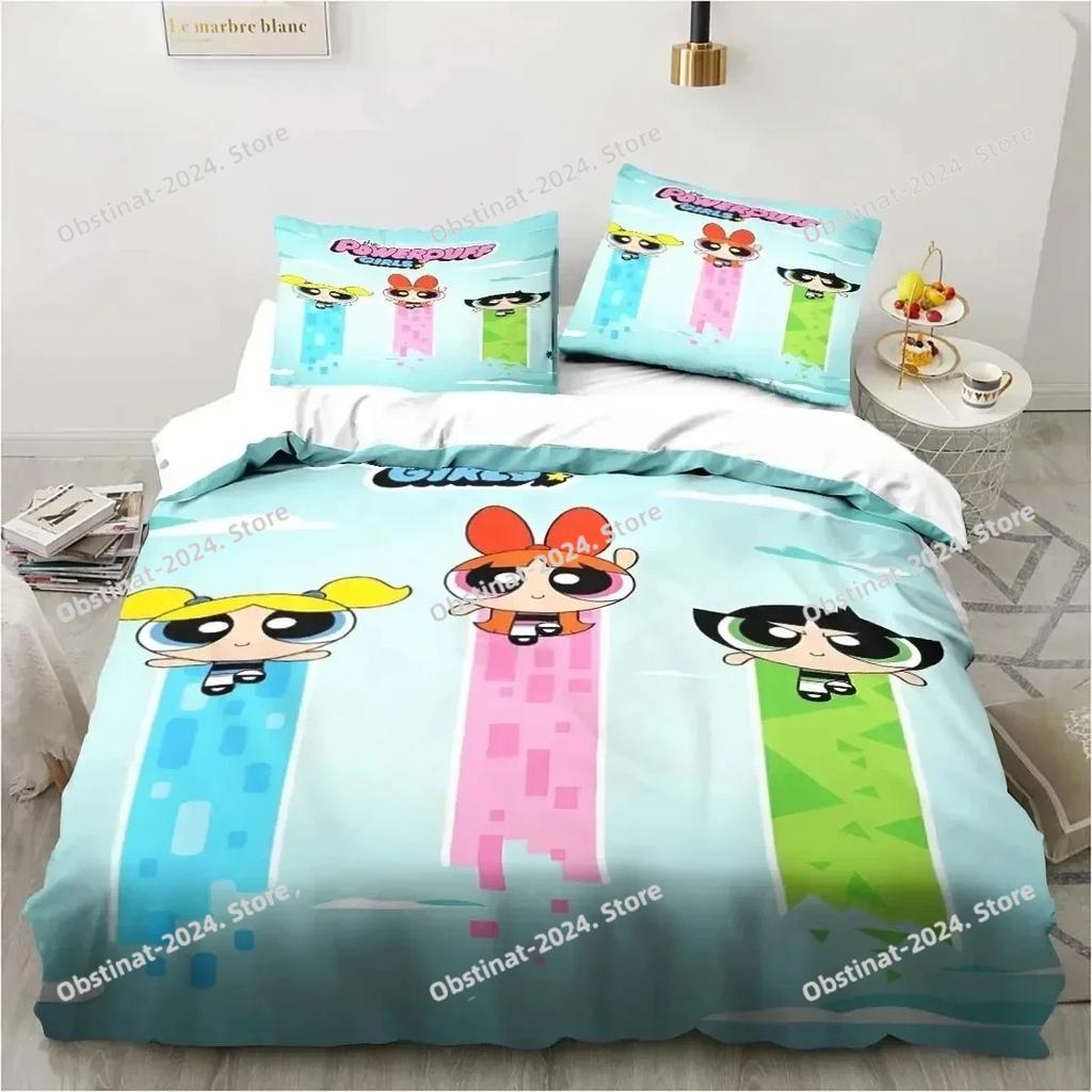 3D Anime Powerpuff Cute Grils Cartoon Bedding Set Printed Duvet Cover Sheet Pillowcase Bed Soft Quilt Cover Full Queen King Size