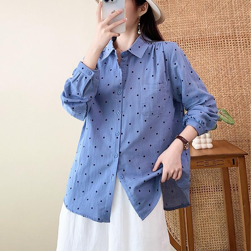 New Cotton Double-layer Cotton Yarn Printed Polka Dot Shirt Women's Korean Lazy Loose Simple Design Long-sleeved Shirt