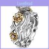 Elegant Gold Plated Two Tone Couple Rings Fashionable Floral Design Womens Jewelry