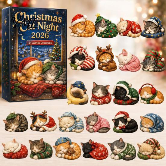 Cute Cat Collection Christmas Advent Calendar, 24 Day Countdown with Ornaments, Calendar for Girls 2D Acrylic Kitty Holiday Decorations, Gift