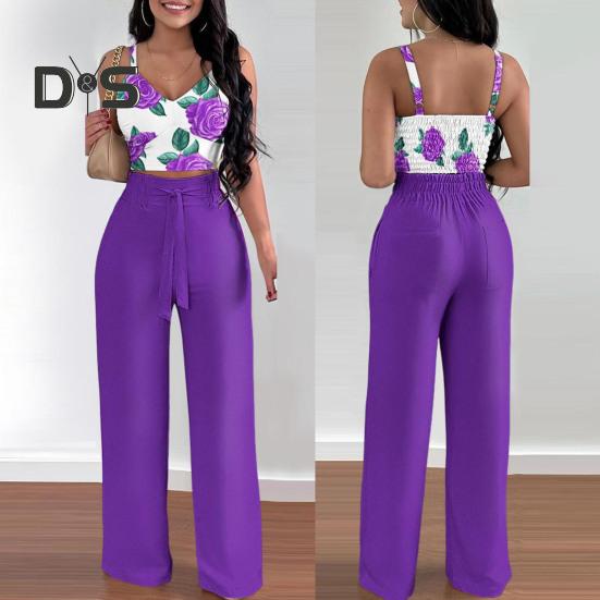 Summer Two Piece Outfits for Women Sleeveless V-neck Halter Tank Top Wide Leg Pants Set Summer Casual Floral Print Matching Suit