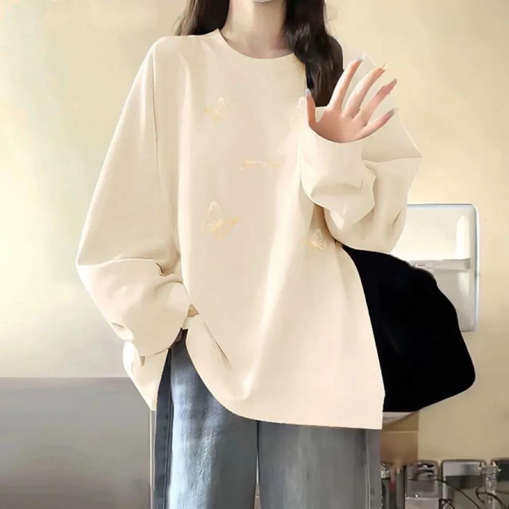 

Women s Pure Cotton Long-Sleeve College Style Top - Spring/Autumn Korean Round Neck Plus Size Shirt S (Up to 95 jin)