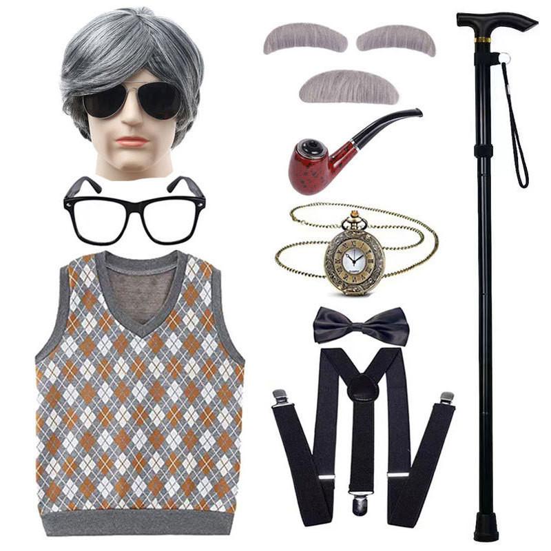 Disfraz de abuelo premium con peluca, chaleco elegante y accesorios para niños y adultos.