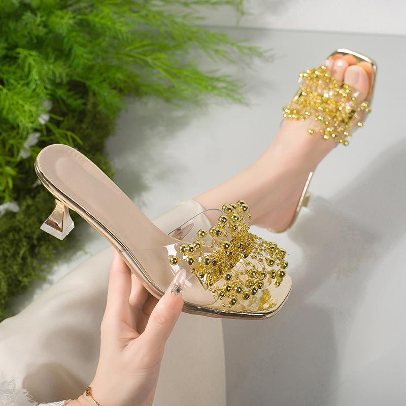 Fashion Transparent Sandals for Women In Summer Gold Beaded Thin Strap High Heel Slippers Luxury Outdoor Beach Shoes Party Sandals