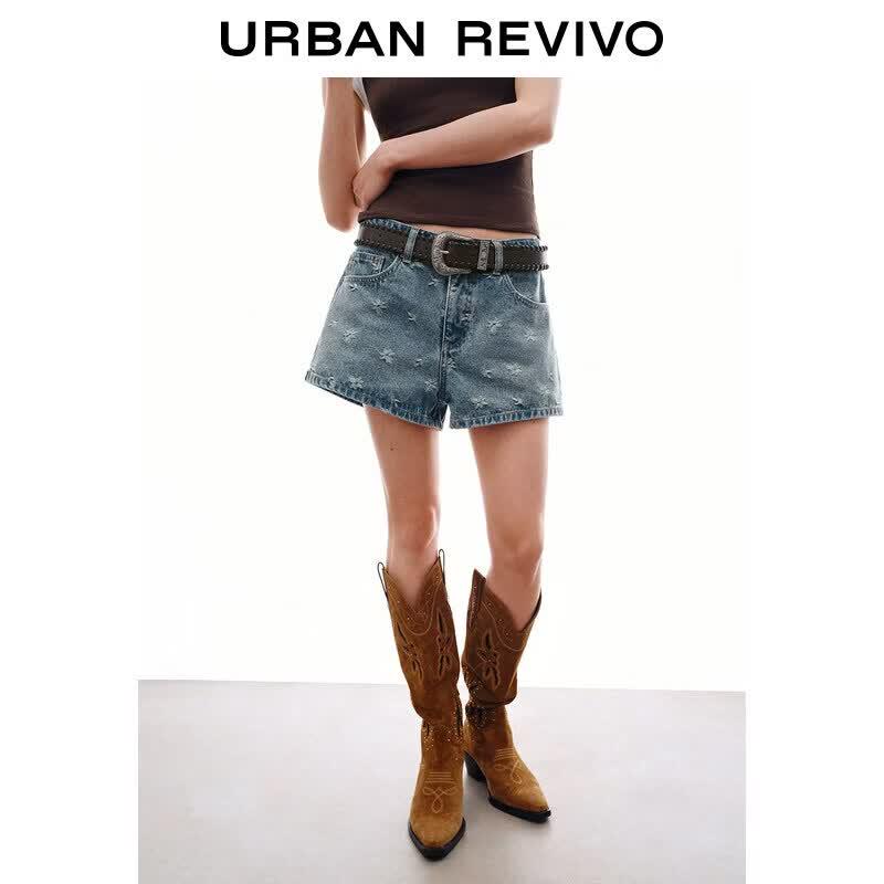 UR 2026 Women s Jacquard Woven Belt Denim Shorts синий