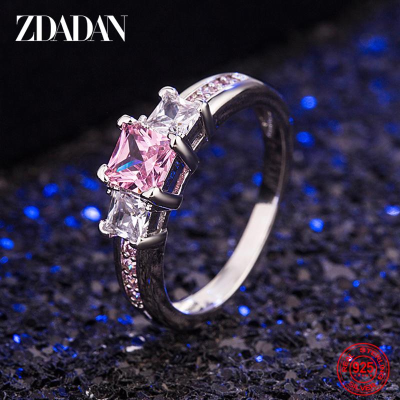ZDADAN 925 Silver Square Pink Zircon Rings for Women Girls Fashion Jewelry 6